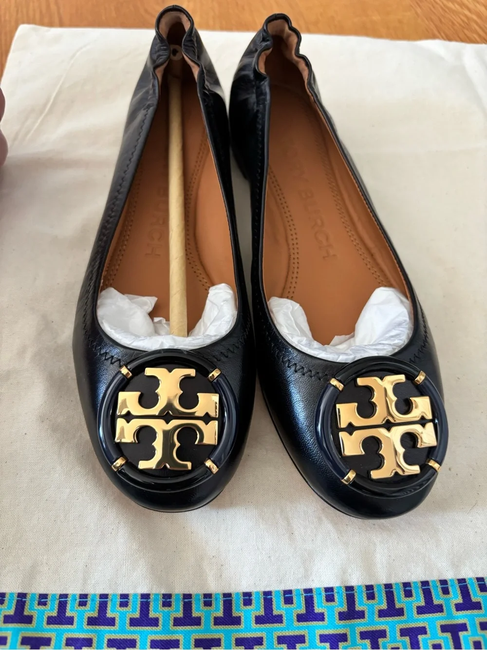Brand New Tory Burch Black Leather Ballet Flats with Gold Medallion-Never worn